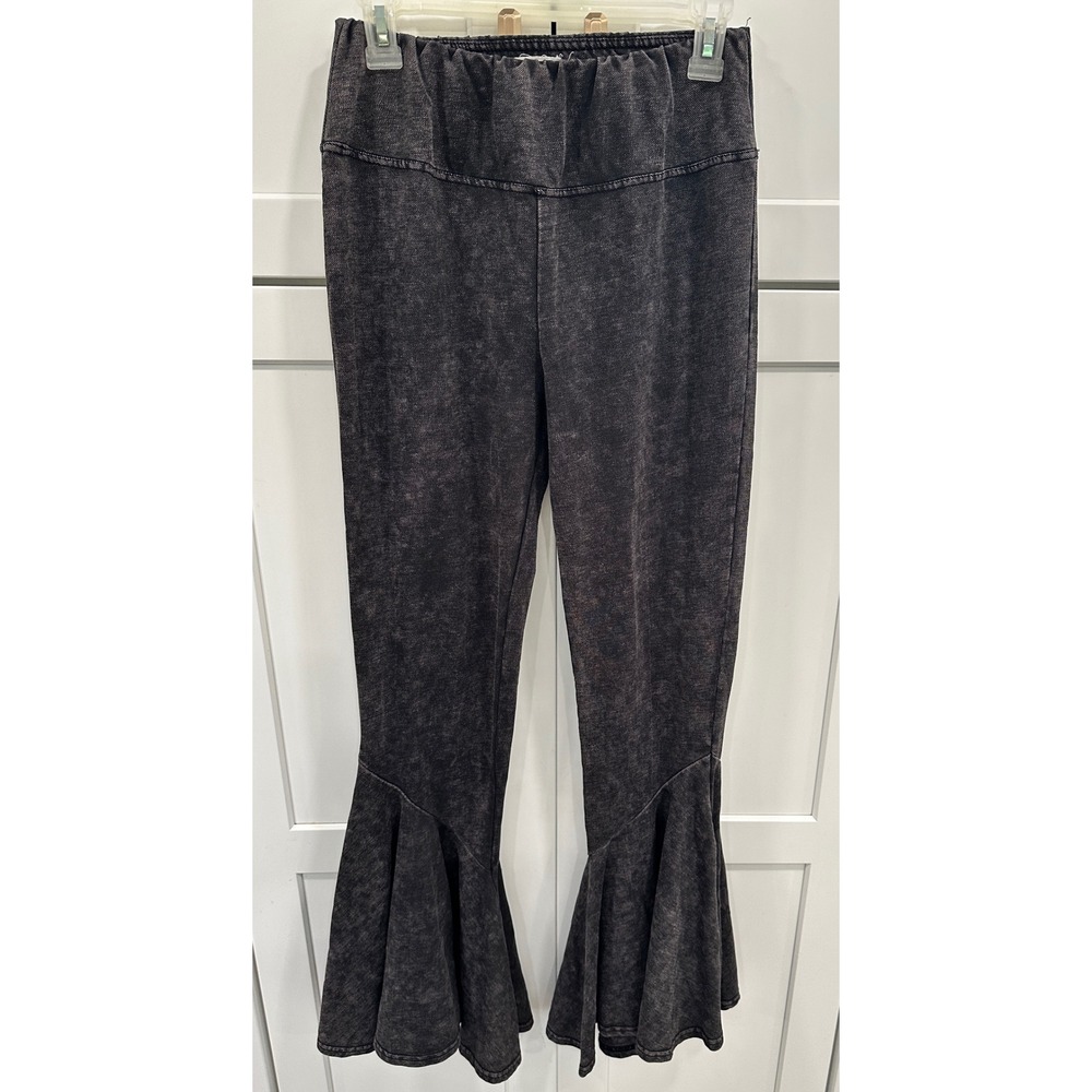 Earthbound Trading Co Womens Mineral Wash Ruffle Bell Bottom Flare Pants Gray L